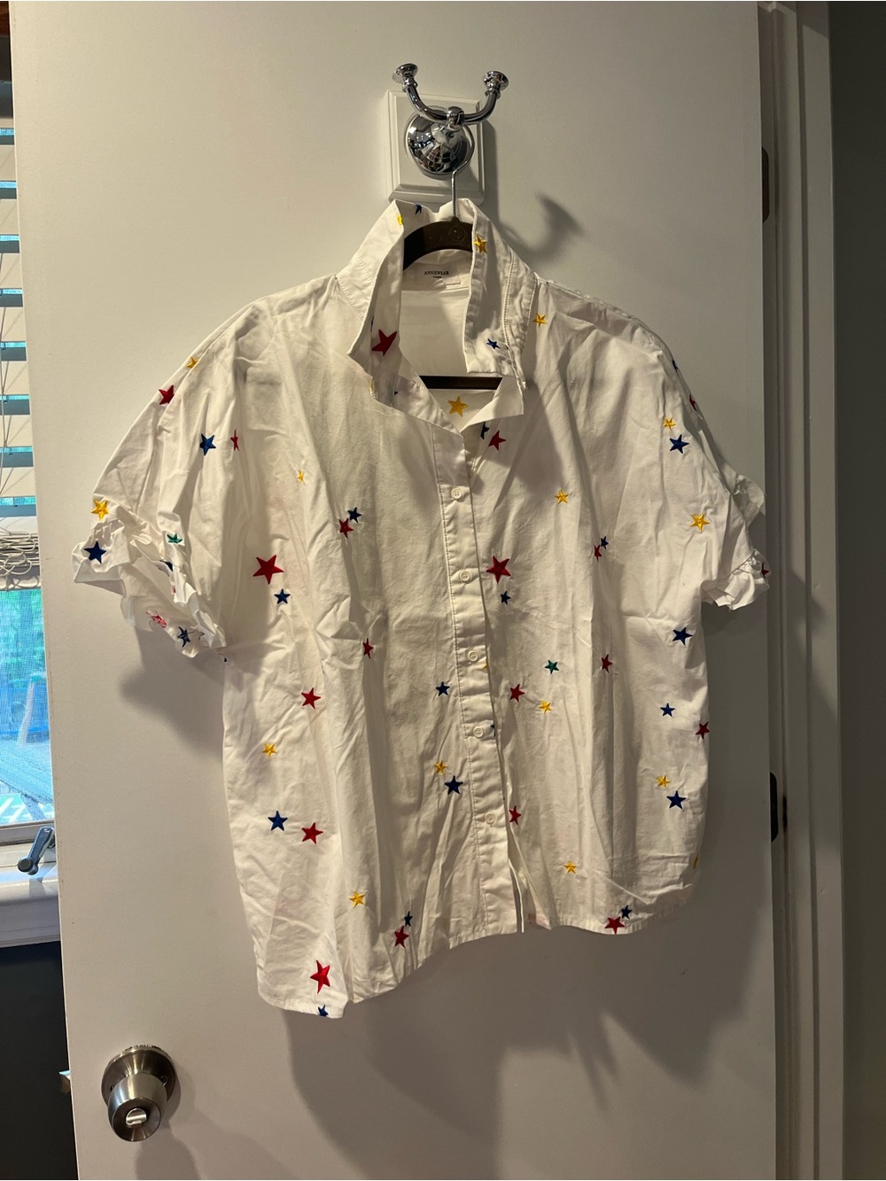 Annie White Button-Down Shirt with Multicolor Star Embroidery
